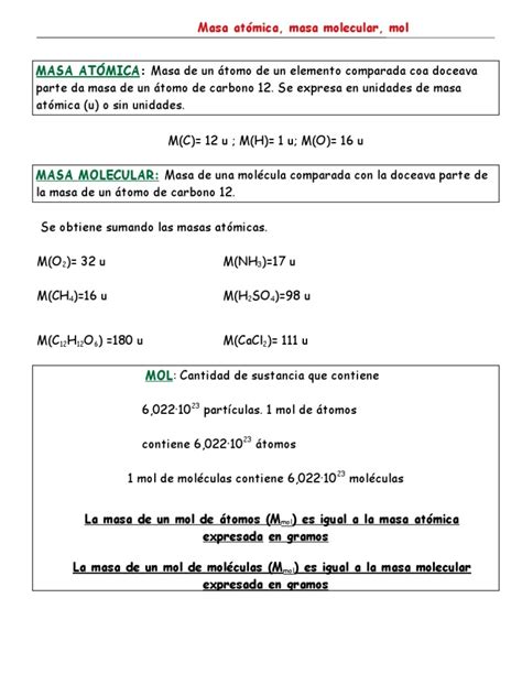 Guia 2 De Quimica Resumen Y Ejercicios Masa Atómica Molecular Y Mol Pdf Mole Unidad