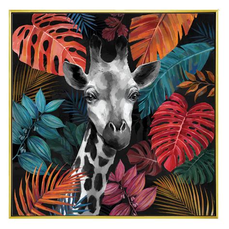 Tableau Contemporain Exotique Girafe Jungle Toile Tropicale 100x100