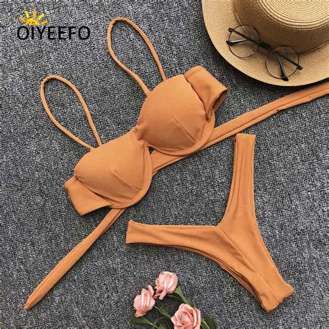 Oiyeefo Solid Brazilian Bikini Thong Tanga Set Sexy Women Swimsuit High