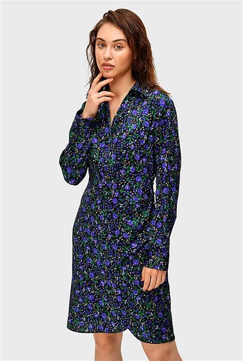 Shop Pleated Floral Print Satin Faux Wrap Dress Eshakti