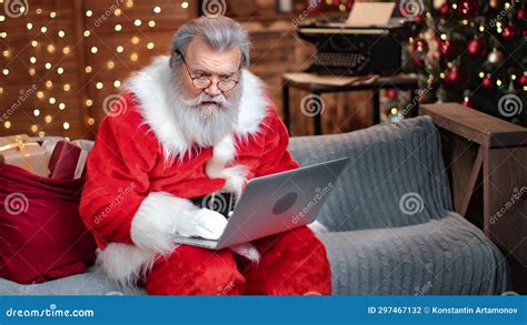 Busy Santa Claus Use Laptop Online Shopping Reading Electronic Mail