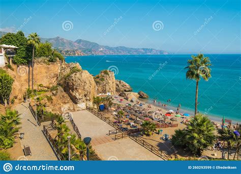 Aerial View Of The Beautiful Beach Of Nerja In Spain Editorial Stock