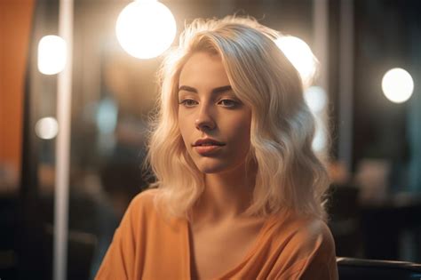 Premium Photo A Beautiful Blonde Model Woman Sitting On The Chair And Talks To The Hairstylist