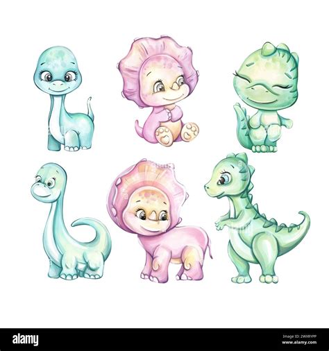 Watercolor cute baby dinosaur Dino family. Cartoon art for nursery ...