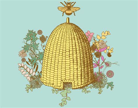 Bee Skep Artwork Yellow Beehive Surrounded By Flowers