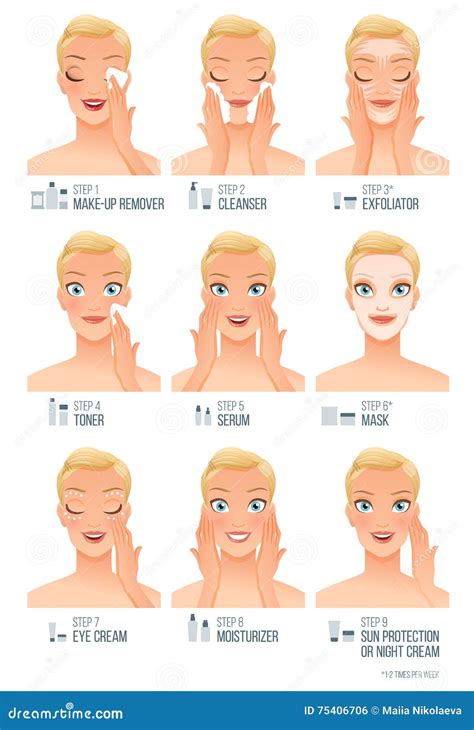 Basic Women Facial Skincare Steps Vector Infographic Illustration On