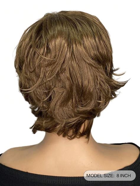 Synthetic Wig For White Women Brown Mixed Blonde 8 Inch Pixie Cut Wig With Bangs Brown With