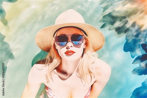 Beautiful Blonde Girl Mode In The Swimming Pool Enjoying The Summer