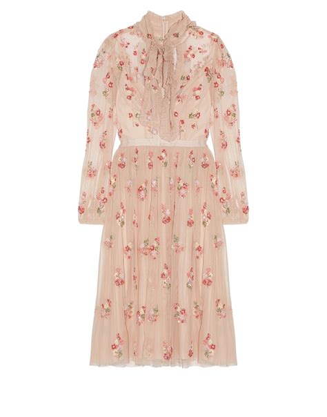 Ditsy Pussy Bow Embellished LS Tulle Midi Dress Petal Pink NT