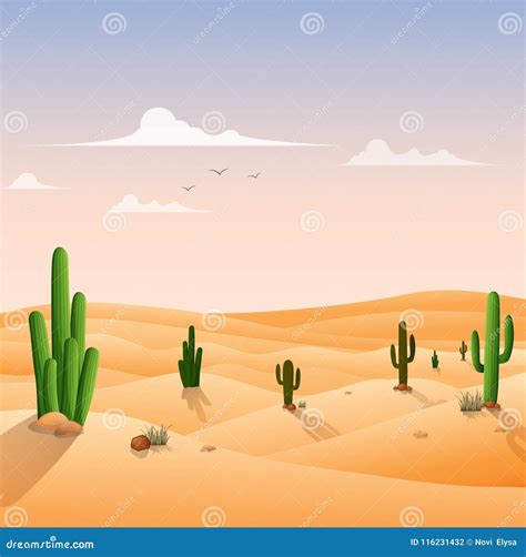 Desert Landscape Background with Cactuses Stock Vector - Illustration