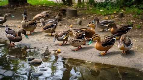 Group Of Ducks Eat Seeds By The Water Background A Group Of Ducks Eating Food On Land Toneri