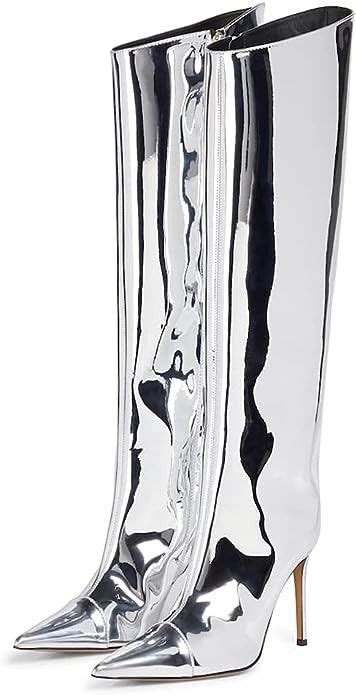 Arqa Metallic Leather Boots for Women Pointed Toe Stiletto High Heel ...