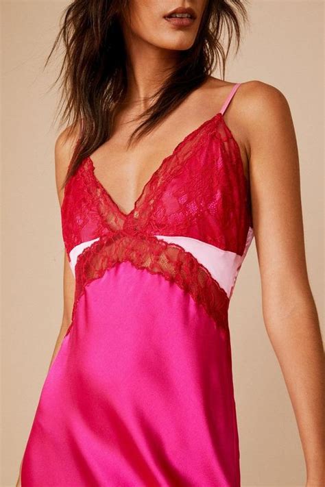 Dresses Contrast Lace Trim Satin Maxi Slip Dress Nastygal