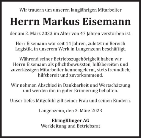 Traueranzeigen Von Markus Eisemann Trauer Flz De