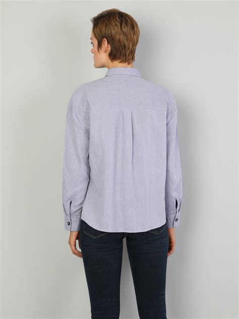 Colins - Basic Cepli Regular Fit Kadın Mavi Uzun Kol Gömlek