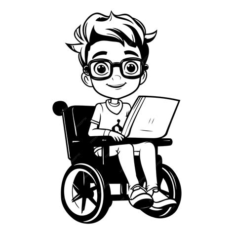 Garçon En Fauteuil Roulant Avec Un Ordinateur Portable Illustration Vectorielle D Un Personnage