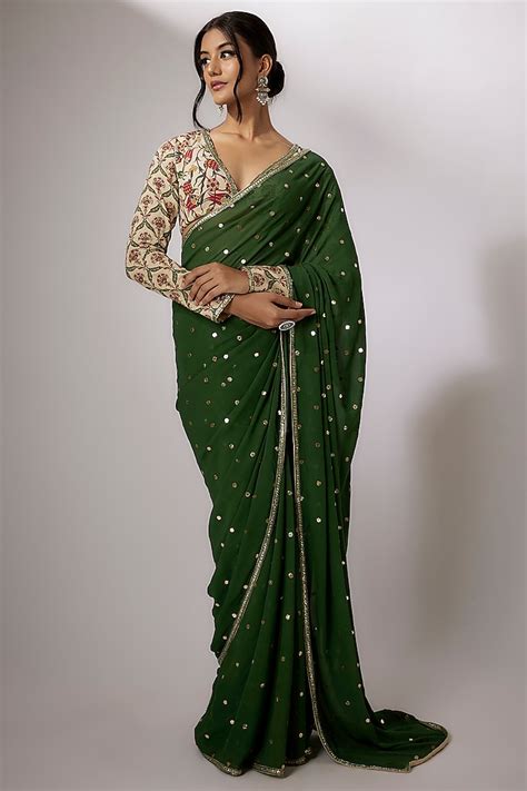 Emerald Green Georgette Embroidered Saree Set By Nadima Saqib At Pernia