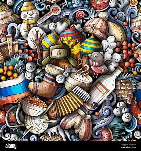 Cartoon doodles Russia seamless pattern. Backdrop with Russian culture ...
