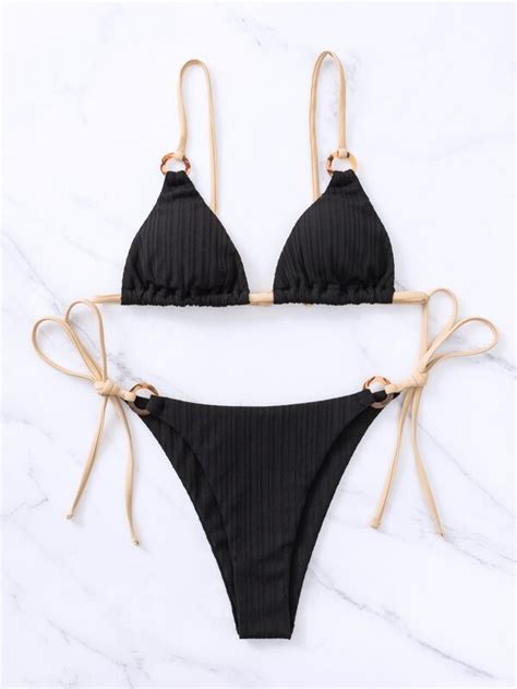 SHEIN Swim Basics Ribbed Bikini Set Ring Linked Triangle Thong Bra Thong Bottom 2 Piece