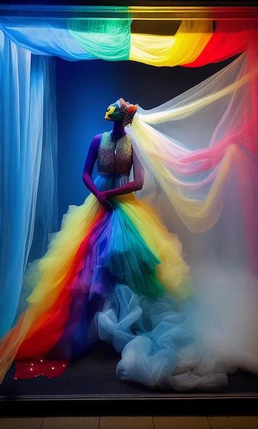 Premium Ai Image A Woman In A Rainbow Dress Stands In Front Of A Blue