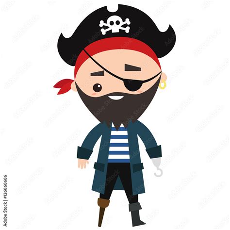 Funny pirate with eye patch, hook instead of hand and wooden prosthesis ...