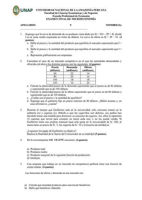 Examen Final De Microeconom A Universidad Nacional De La Amazon A