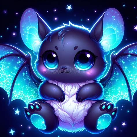 A Cute Bat In Cartoon Style With Bioluminescent Fur That Glows In The