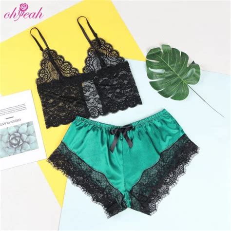 High Quality Transparent Woman Floral Lace Top Lingerie Girl Satin Underwear Pajamas Set