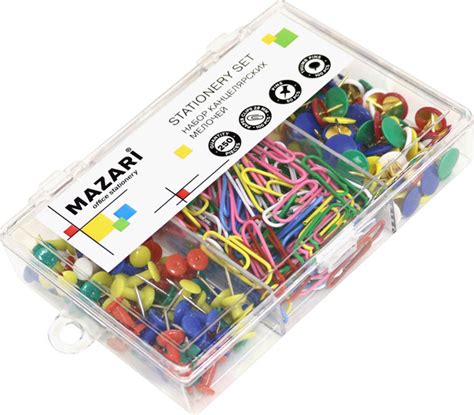 Набор канцелярских мелочей, 250 шт (скрепки, кнопки силовые, кнопки ...