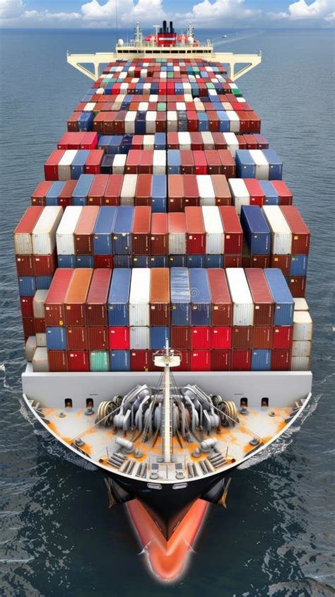 A Large Container Ship Sails Through The Ocean With Stacks Of Colorful