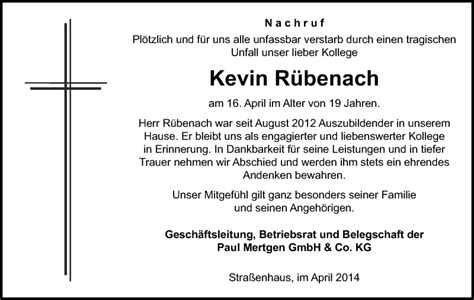 Traueranzeigen von Kevin Rübenach rz trauer de