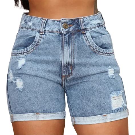 Short Jeans Destroyed Cintura Alta Hot Pants Barra Dobrada Parcelamento Sem Juros