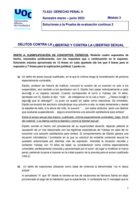 Solución PEC2 profesor 73 DERECHO PENAL II Semestre marzo junio