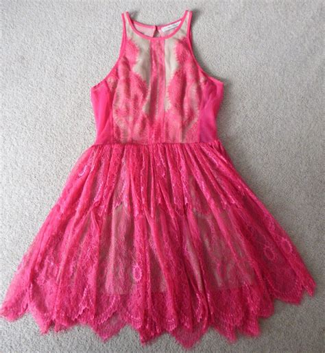 Three Floor Hot Pink Sheer Nude Lace Party Cocktail Gem