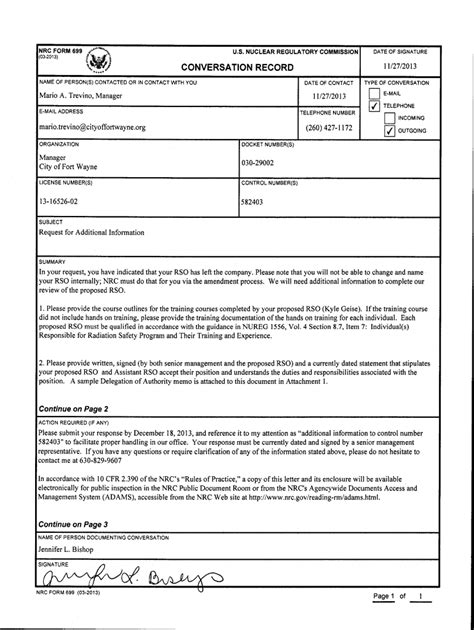 Fillable Online Pbadupws Nrc Nrc Form I Lt Conversation Record