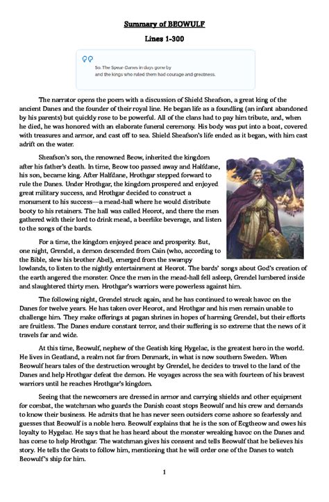 Beowulf Complete Summary - Summary of BEOWULF Lines 1- 300 The narrator