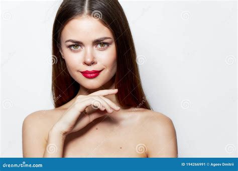 Charming Woman Nude Shoulders Smile Red Lips Cropped View Skin Care Stock Image Image Of
