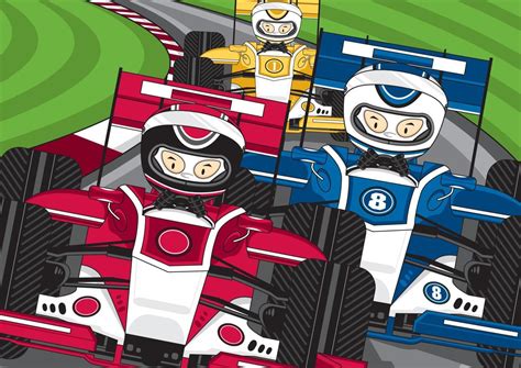 Cartoon Formula 1 Racing Drivers In Cars On Track 21491382 Vector Art