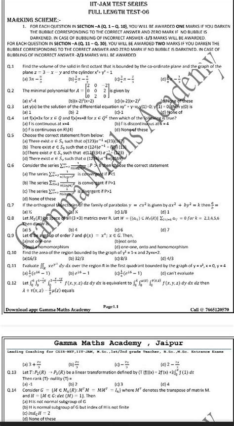 Iit Jam Test Seriesfuli Length Test 06marking Scheme 1 For Each Que