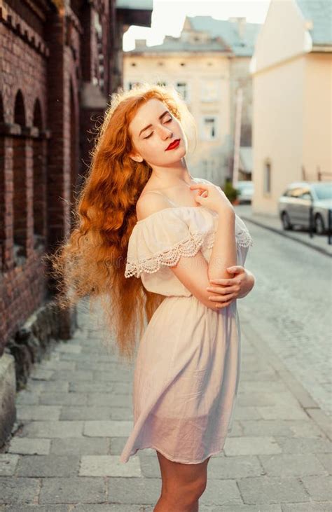 Tender Ginger Girl With Long Hair Wearing White Dress With Naked Stock Image Image Of