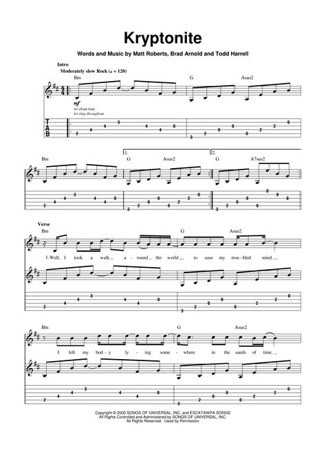 Kryptonite By 3 Doors Down Sheet Music For Guitar Tab Playalong At