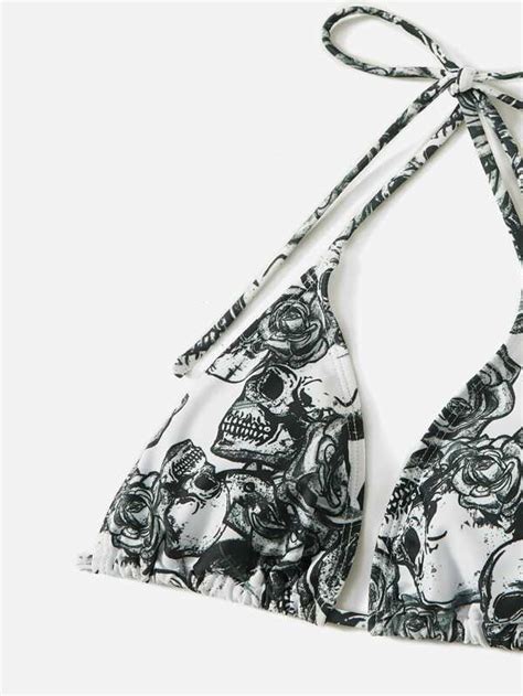 Shein Swim Y Glam Skull Floral Print Bikini Set Triangle Bra Top High Cut Bikini Bottom