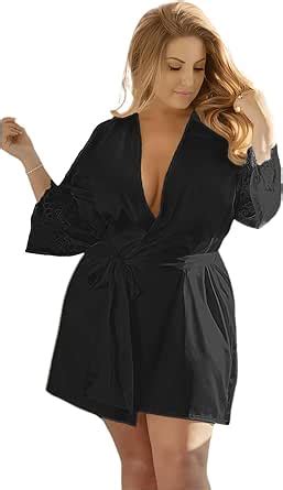 Easylongjee Plus Size Lace Robe Sexy Robes For Women Deep V Neck Babydoll Lingerie Satin Kimono
