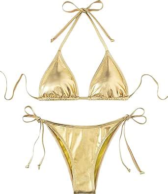 Amazon Gorglitter Women S Metallic Triangle Bikini Top Halter Tie Side Swimsuit Set Piece