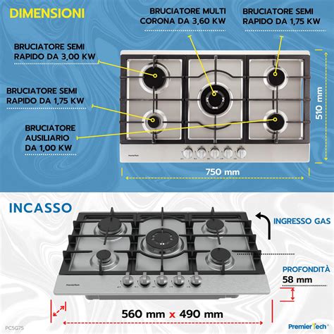 Piano Cottura A Gas 5 Fuochi 75cm Inox PremierTech PC5G75