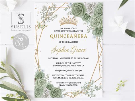 Editable Sage Green Invitation Back Template Quinceanera Sage Green