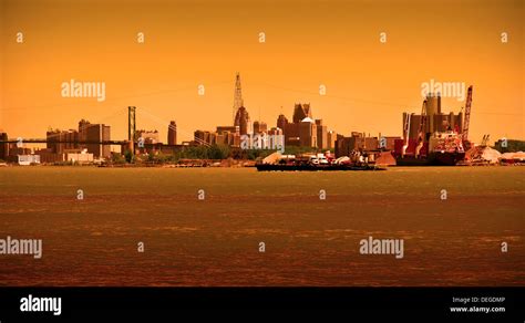 detroit cityscape  dawn  detroit river stock photo alamy