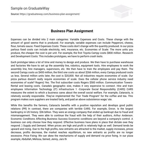 ⇉Business Plan Assignment Essay Example | GraduateWay