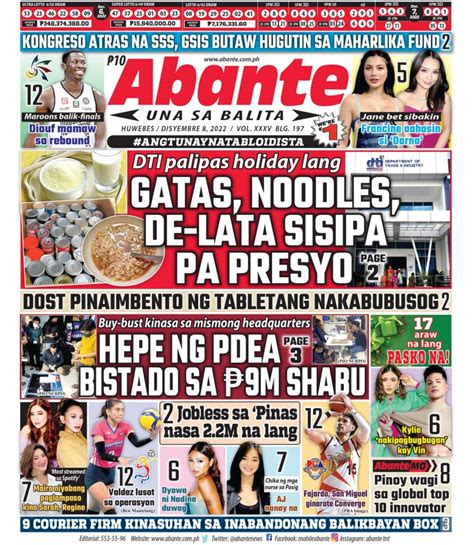 abante front page balita ngayong december   abante