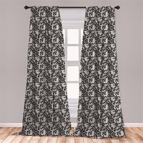 Black and White Curtains 2 Panels Set, Monochrome Lace with Flowers and ...